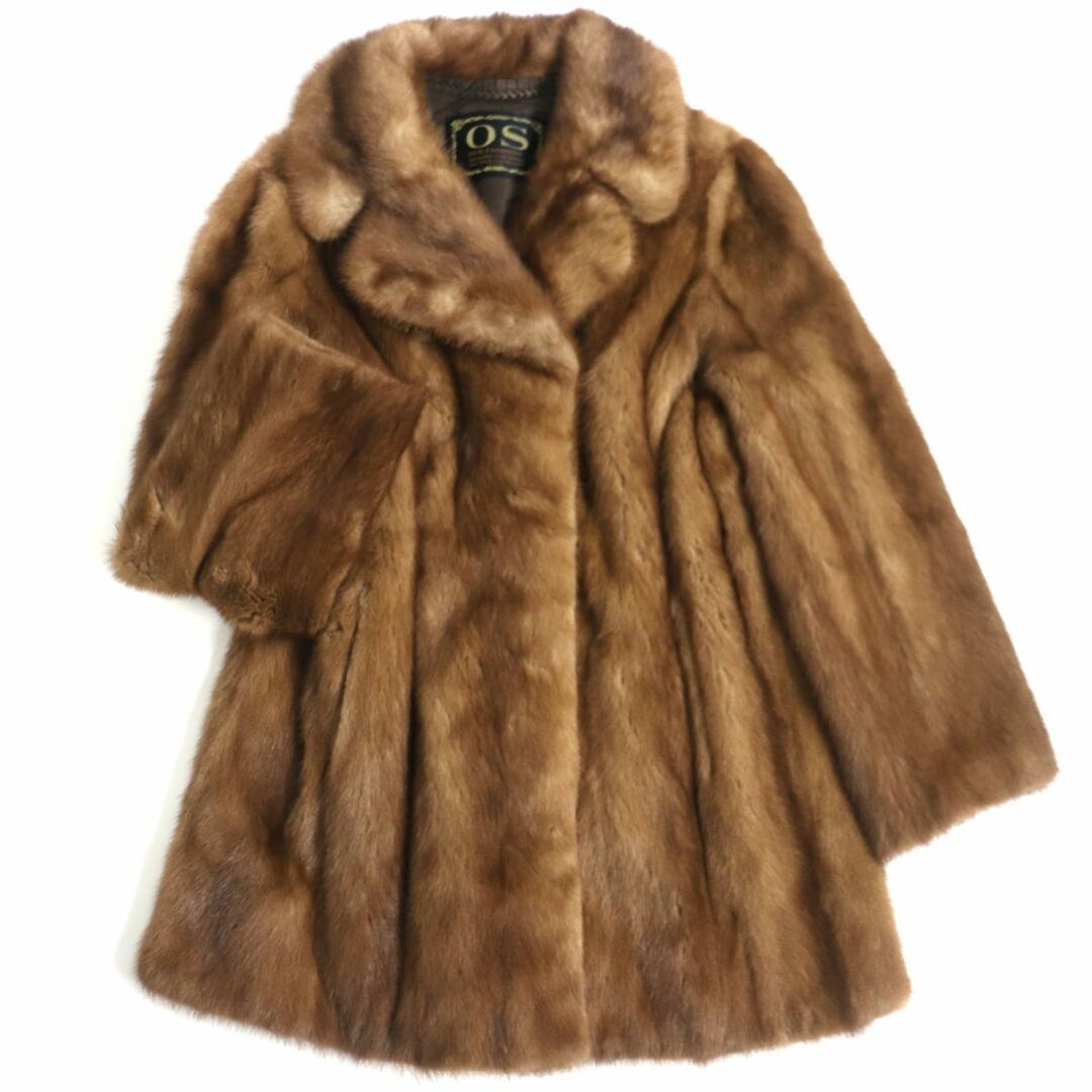 良品▼OS FUR MINK ミンク 裏地ロゴ柄 本毛皮コート ブラウン 毛質艶やか・柔らか◎