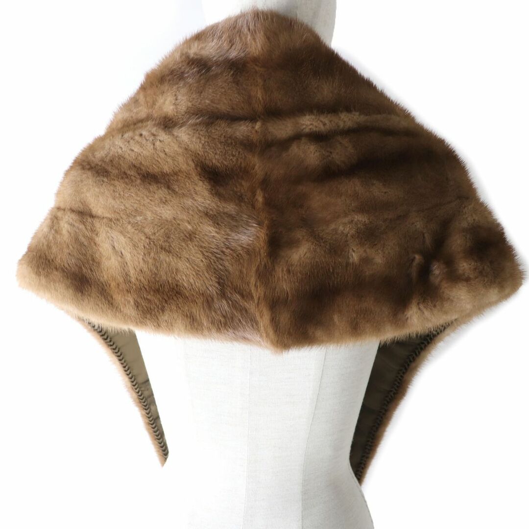美品☆MITSUKOSHI ミツコシ MINK パステルミンク 裏地花柄刺繍入り 本毛皮大判ショール/ティペット/ストール ブラウン 毛質柔らか◎