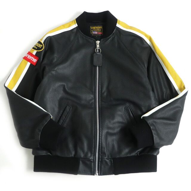 極美品□20SS シュプリーム×バンソン Perforated Bomber Jacket パンチング/サイドライン レザーブルゾンジャケット 黒 L 正規品 USA製