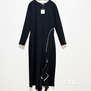 ザラ(ZARA)の【ZARA】ブラックレーヨン ホワイトパイピング フレアワンピース タグ付未使用(ロングワンピース/マキシワンピース)