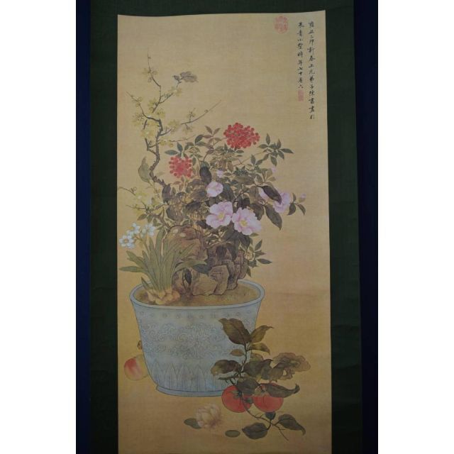 【複製】陳書/四季花図/印刷工芸品/掛軸☆宝船☆X-188　J 7