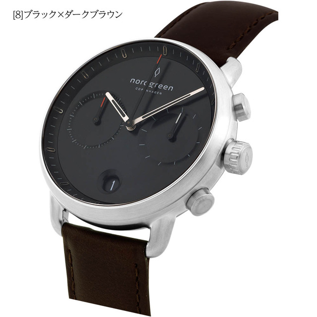 出産祝い  【新品】ノードグリーン PI42SILEDBBL ダークブラウンレザーベルト ブラックフェイス 42mmシルバーケース パイオニア メンズ腕時計 腕時計(アナログ)