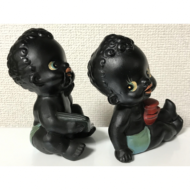 1960年代頃 陶器製 くろんぼ少年 2種セット 麦わら帽子付き クロンボ