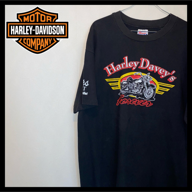 Harley Davidson(ハーレーダビッドソン)のハーレーダビッドソン 黒 XL 80s USA製ヴィンテージTシャツ ヘインズ メンズのトップス(Tシャツ/カットソー(半袖/袖なし))の商品写真