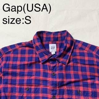 ギャップ(GAP)のGap(USA)ビンテージコットンフランネルワークシャツ　ネイビー×レッド(シャツ)