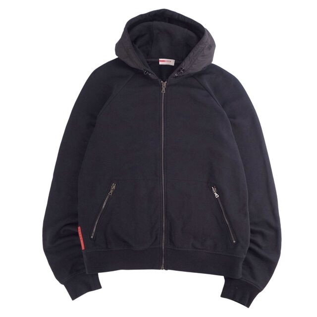 美品 プラダ スポーツ PRADA SPORT パーカー ジップアップパーカー フーディー コットン ナイロン トップス メンズ XL ブラック