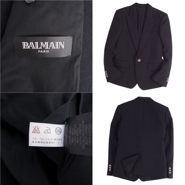 美品 バルマン BALMAIN ジャケット テーラードジャケット シングル 無地 シングルボタン ウール アウター メンズ 46(S相当) ブラック