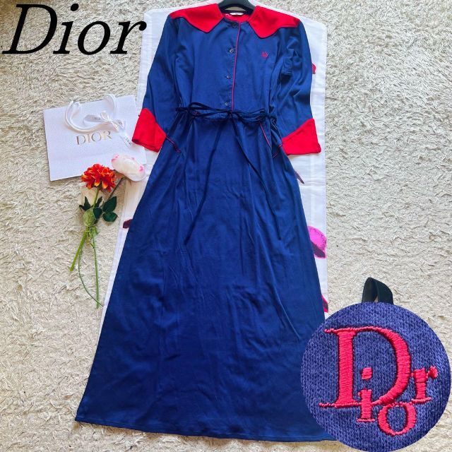 【良品】Christian Dior ロングワンピース バイカラー M ブルー