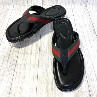 グッチ(Gucci)のグッチ　サンダル　フラップ　ビーチ　ウェブ　レザー　黒(サンダル)