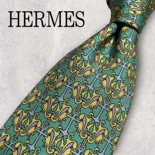 エルメス(Hermes)の極美品 HERMES エルメス 錨マーク イカリ柄 ネクタイ グリーン 黄緑(ネクタイ)