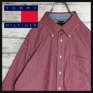 トミーヒルフィガー(TOMMY HILFIGER)の【美品】トミーヒルフィガー☆長袖ストライプシャツ　レッド　人気Lサイズ　C21(シャツ)