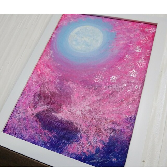 風水ヒーリング絵画＊恋色夜桜～月夜～愛情　出会い　縁結び　金運　願い　邪気払い ハンドメイドのインテリア/家具(アート/写真)の商品写真