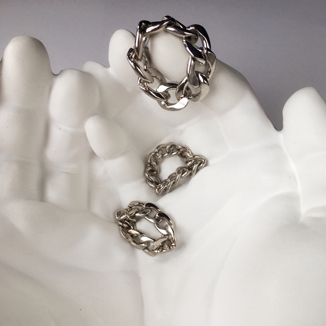 3連 set リング シルバー 幅広 太め フープ キヘイ チェーン 三連 指輪 ハンドメイドのアクセサリー(リング)の商品写真