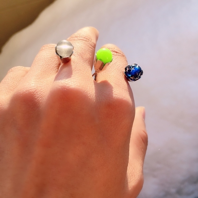 リング シルバー ステンレス クリア グリーン ブルー ツーフィンガー 指輪 ハンドメイドのアクセサリー(リング)の商品写真