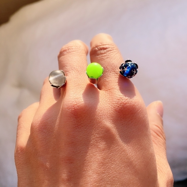 リング シルバー ステンレス クリア グリーン ブルー ツーフィンガー 指輪 ハンドメイドのアクセサリー(リング)の商品写真