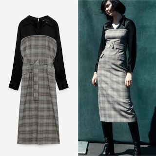 ザラ(ZARA)の28 ZARA チェック柄 コントラスト ワンピース S(ロングワンピース/マキシワンピース)