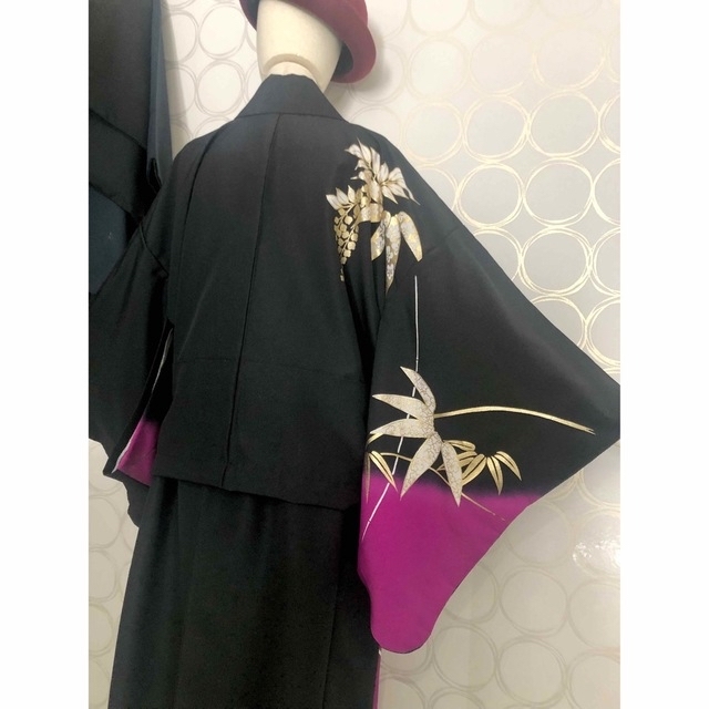 着物リメイク 黒紫 藤の花 ショート丈羽織 ロングスカート レディースのレディース その他(セット/コーデ)の商品写真