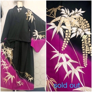 着物リメイク 黒紫 藤の花 ショート丈羽織 ロングスカート(セット/コーデ)