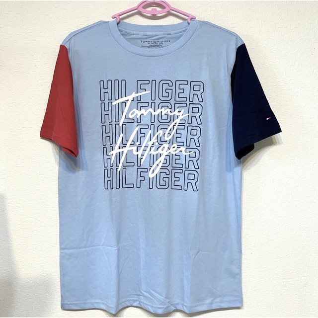 新品 トミーヒルフィガー ロゴ 半袖 Tシャツ ブルー総柄刺繍メンズ  ブランド