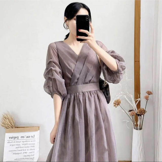新品 ドレス ワンピース Lサイズ 結婚式 卒業式 紫 パープル 七分袖 2