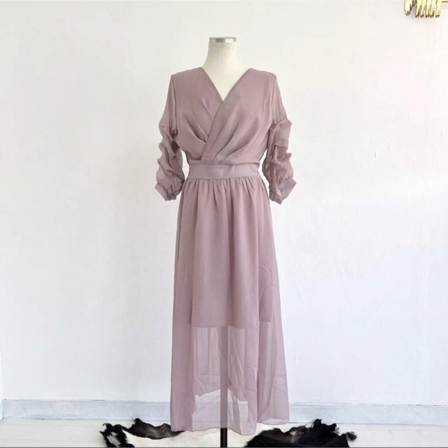 新品 ドレス ワンピース Lサイズ 結婚式 卒業式 紫 パープル 七分袖 3