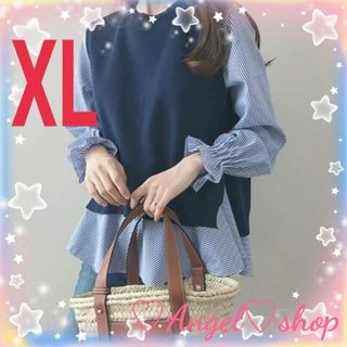 XL ニット付きブラウスA ストライプネイビー ゆったり 体型カバー(シャツ/ブラウス(長袖/七分))