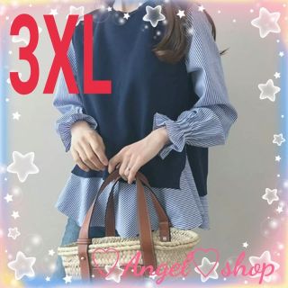 3XL ニット付きブラウスA ストライプネイビー ゆったり 体型カバー(シャツ/ブラウス(長袖/七分))