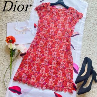 クリスチャンディオール(Christian Dior)の【美品】Christian Dior フラワーレースワンピース ピンク L 膝丈(ひざ丈ワンピース)