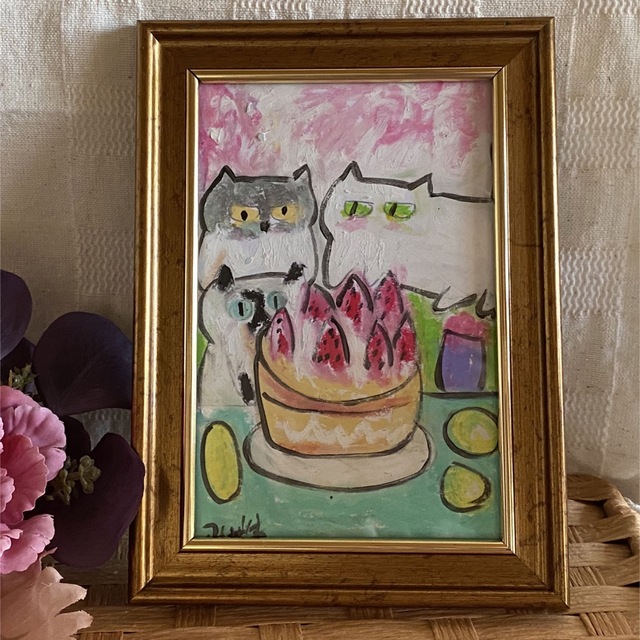 絵画。壁掛け絵原画手描き【美味しい桜のイチゴケーキ、猫たちの楽しい ...