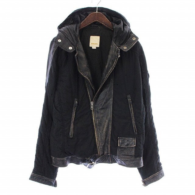 DIESEL - ディーゼル 中綿ジャケット ジップアップ フード レザー切替