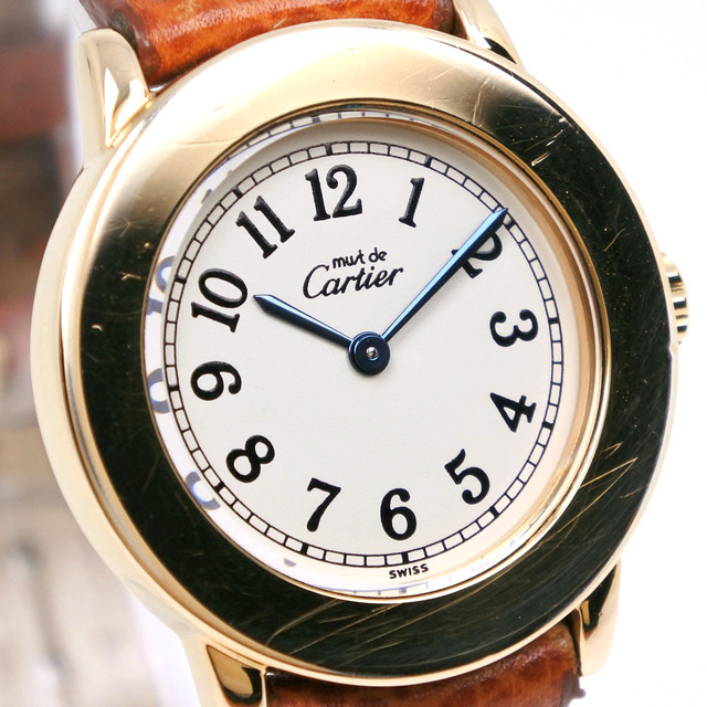 【CARTIER】カルティエ マストロンド ヴェルメイユ シルバー925×レザー 茶 クオーツ アナログ表示 レディース ベージュ文字盤 腕時計