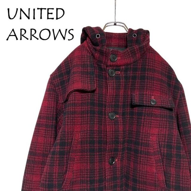 UNITED ARROWS(ユナイテッドアローズ)のUNITED ARROWS チェック フード メルトンコート ウール混 メンズのジャケット/アウター(ピーコート)の商品写真