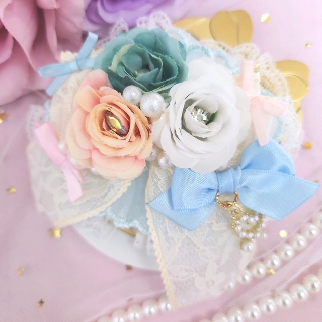 ハンドメイド♡大きめ♡薔薇のフリルレースヘアクリップ水色 流行の ...