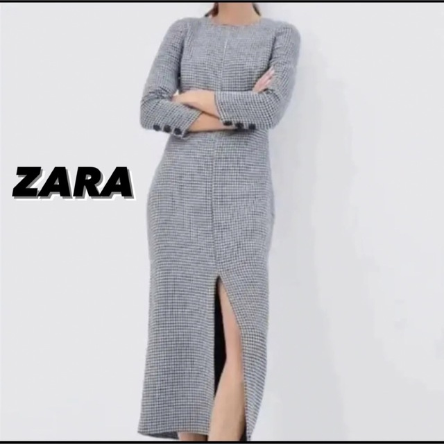 ZARA 千鳥格子 ロング スリット タイト ワンピース 七分袖