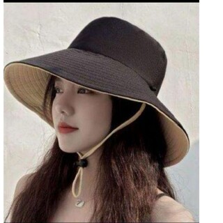 UVカット　帽子　黒＆クリーム(リバーシブル)日焼け防止　紫外線対策(ハット)