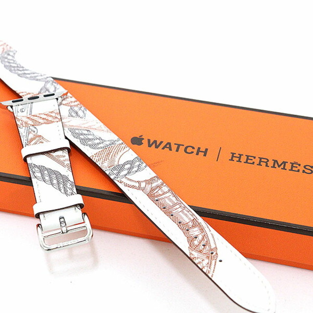 エルメス HERMES アップルウォッチ用レザーベルト Apple Watch Hermes レザーストラップ ドゥブルトゥール  デッラ・カヴァッレリア・オールオーバー 白 ヴォー・スウィフト 40mm Y刻印(2020年製) 二重巻き シルバー金具 替えベルト 新品同様