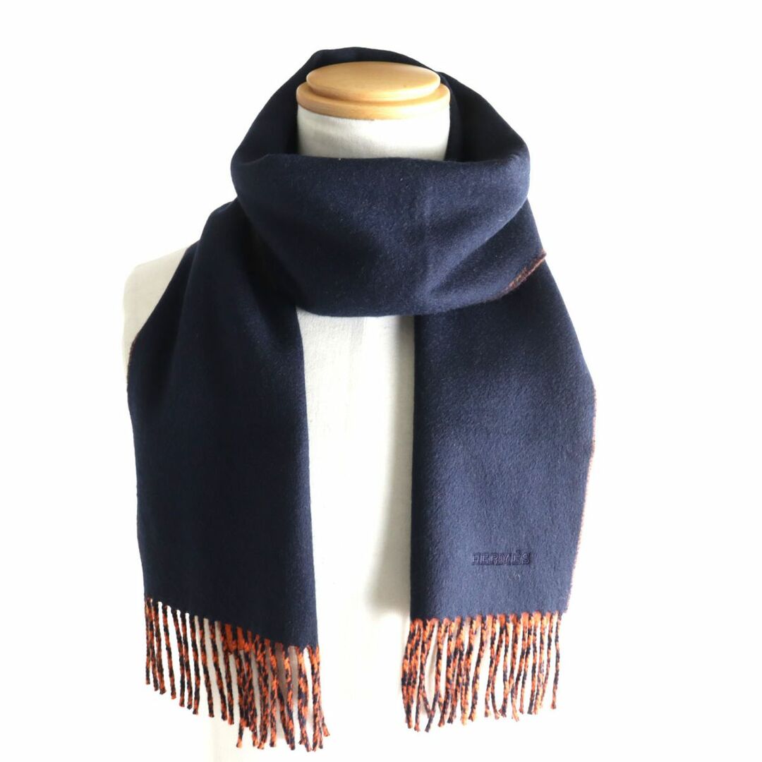 美品◆HERMES エルメス ロゴ刺繍 フリンジ付 バイカラー カシミヤ100% ストール/ショール/マフラー ネイビー×オレンジ イギリス製 メンズ
