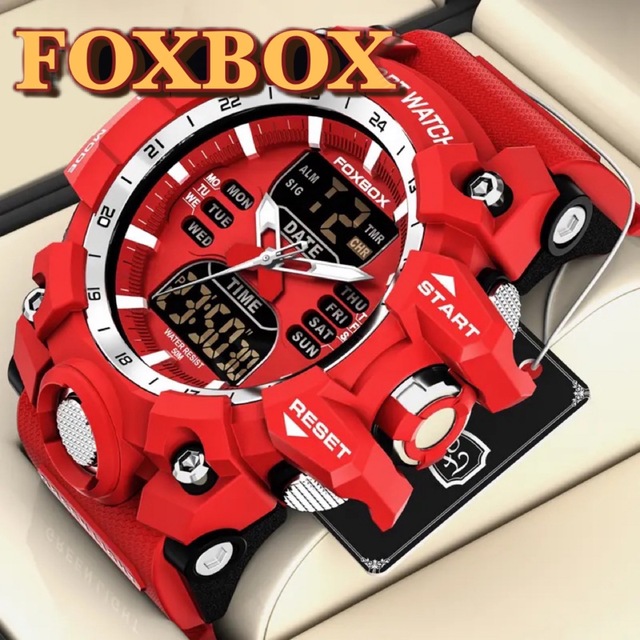 新品 FOXBOX レッドデュアルウォッチ 50M防水メンズ腕時計 ラバーベルト