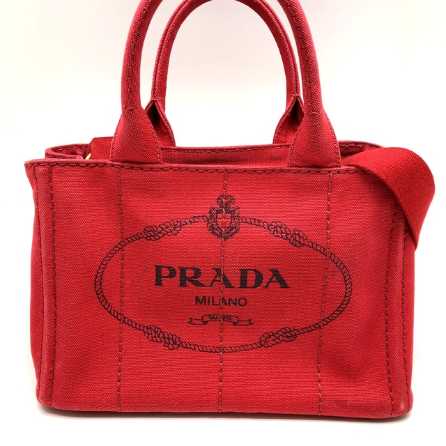 【500円引きクーポン】 PRADA - レッド ハンドバッグ ミニカナパトート 2WAY PRADA ハンドバッグ
