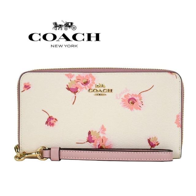 COACH 花柄 ラウンドファスナー 長財布 ホワイト/ピンク www