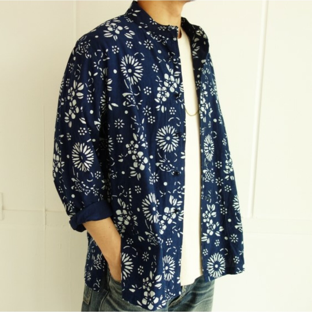 Needles(ニードルス)のNeedles ニードルス 日本製 Oriental Button Unity Shirt - Ran-in-ka-fu - Mun オリエンタルボタン スタンドカラーシャツジャケット XS インディゴ 藍染 トップス【中古】【Needles】 メンズのトップス(シャツ)の商品写真