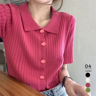 ♍サマーニット レディース ホットピンク■トップス襟付き 韓国ファッション(ポロシャツ)