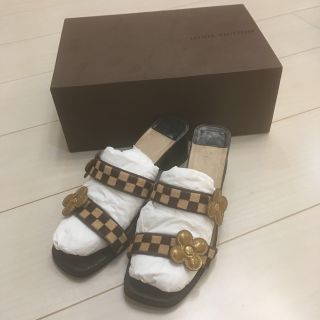 ルイヴィトン(LOUIS VUITTON)のルイヴィトン ミュール サンダル ダミエ フラワー ハラコ 36ブラウン(サンダル)