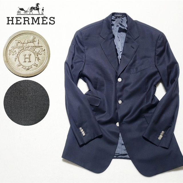 Hermes - HERMES　テーラードジャケット 3ボタン 銀ボタン ネイビー 50