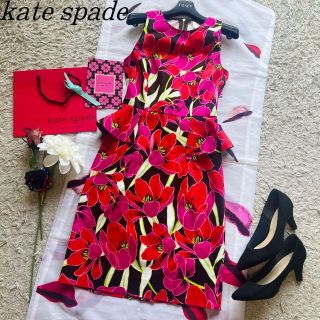 【美品】kate spade 総柄ペプラムワンピース 0 S ノースリーブ 赤