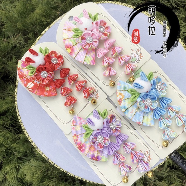 髪飾り 花飾り うさぎ 和装 扇 紫 鈴 お祝い 卒園式 ヘアクリップの