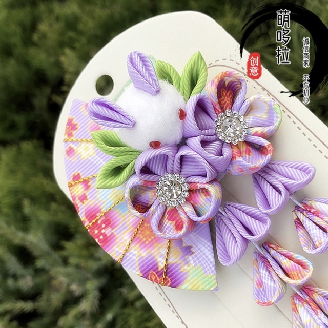 髪飾り 花飾り うさぎ 和装 扇 紫 鈴 お祝い 卒園式 ヘアクリップの