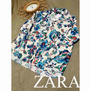 ZARA ボタニカル柄 花 フラワー L/Sポリシャツ L