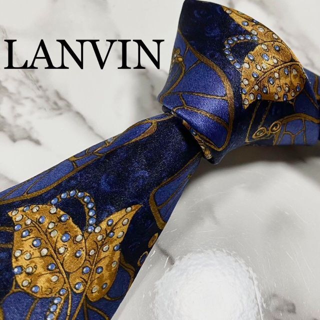 美品 LANVIN ランバン 花柄 ジャガード ネクタイ ネイビー 紺 フラワー