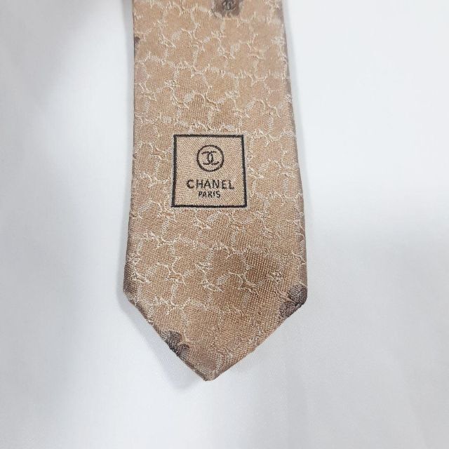 シャネル　刺繍　クローバー　総柄　ネクタイ　ゴールド　ココマーク　ロゴ　シルク